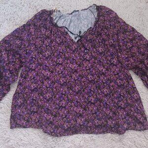 Democracy Floral Boho Blouse Womens 1X Purple Long Sleeve Peasant Top